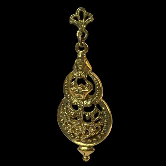 Gold-Tone Filigree Dangle Earrings With Ornate Design & Fleur De Lis Accents - Picture 3 of 10